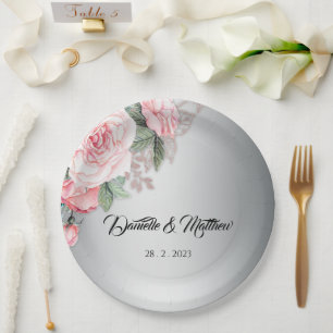 Pink Floral Rose Bouquet and Silver Wedding Paper Plate
