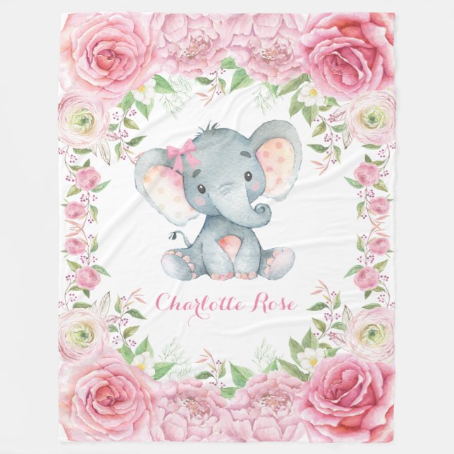 Pink Floral Rose Elephant Baby Girl Nursery Fleece Blanket (Front)