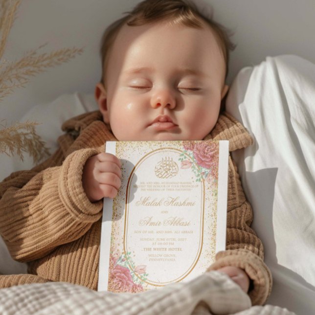 Pink Floral & Rose Gliter Islamic Muslim wedding Invitation (Creator Uploaded)