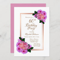 Pink Floral Rose Gold Border 60th Birthday Party