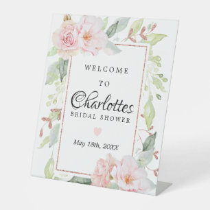 Pink Floral Rose Gold Bridal Shower Welcome Pedestal Sign
