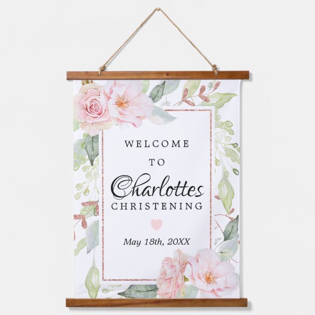 Pink Floral Rose Gold Christening Welcome Sign Hanging Tapestry (Front)