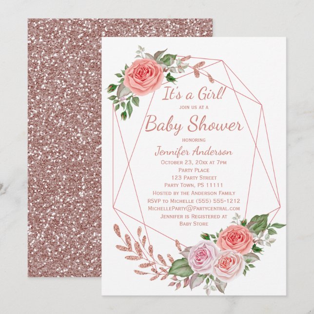 Pink Floral Rose Gold Girl Baby Shower Invitation (Front/Back)