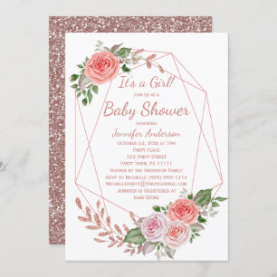 Pink Floral Rose Gold Girl Baby Shower Invitation