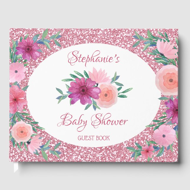 Pink Floral Rose Gold Glitter Baby Shower Guest Book (Front)