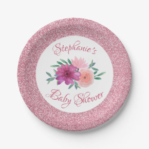Pink Floral Rose Gold Glitter Baby Shower Paper Plate