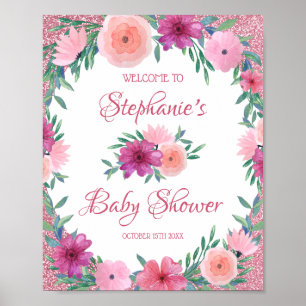 Pink Floral Rose Gold Glitter Baby Shower Poster