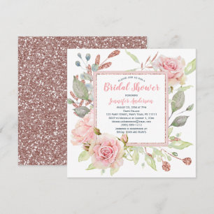 Pink Floral Rose Gold Glitter Bridal Shower Invitation
