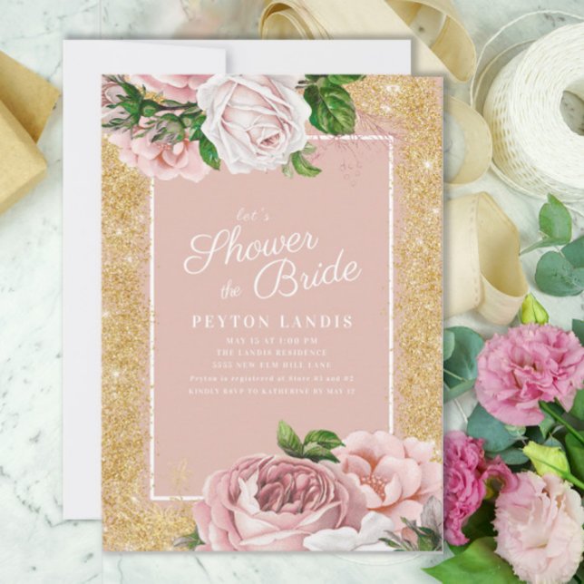 Pink Floral Rose Gold Glitter Bridal Shower Invitation (Pink vintage roses and gold glitter "Shower the Bride" custom bridal shower invitation)
