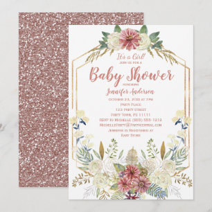Pink Floral Rose Gold Glitter Girl Baby Shower Invitation