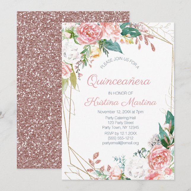 Pink Floral Rose Gold Glitter Quinceañera Birthday Invitation (Front/Back)
