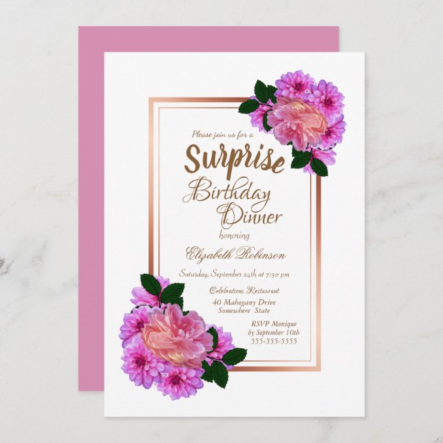 Pink Floral Rose Gold Surprise Birthday Dinner Invitation (Front/Back)
