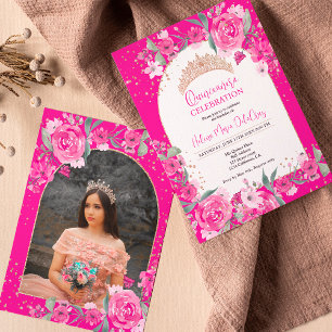 Pink floral Rose gold tiara princess Quinceanera Invitation