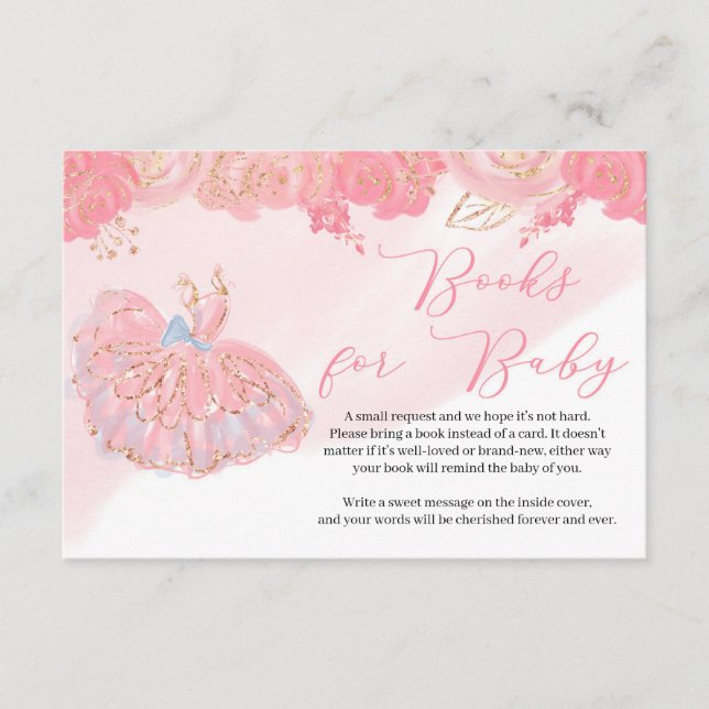 Pink floral rose gold tutu dress book request enclosure card (Front)