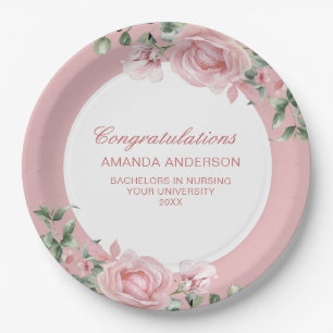 Pink Floral Rose Graduation Party Paper Plate