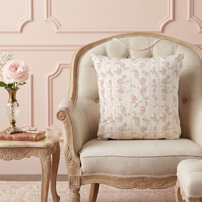 Pink Floral Rose Pattern Throw Pillow (elegant feminine girly pink coquette rose floral pattern throw pillow)