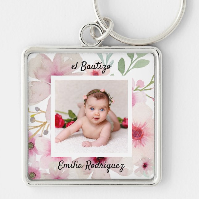 Pink Floral Rose PHOTO BAUTIZO Baptism Girls Named Key Ring (Front)