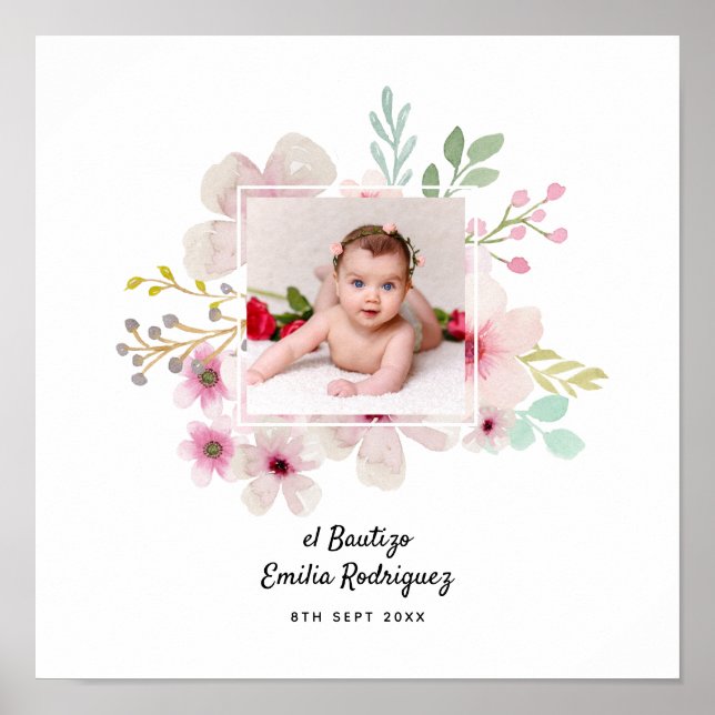 Pink Floral Rose PHOTO BAUTIZO Baptism Girls Named Poster (Front)