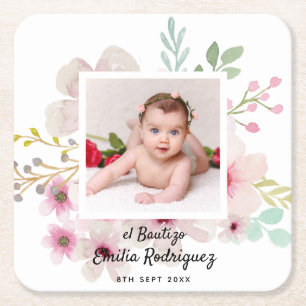 Pink Floral Rose PHOTO BAUTIZO Baptism Girls Named Square Paper Coaster