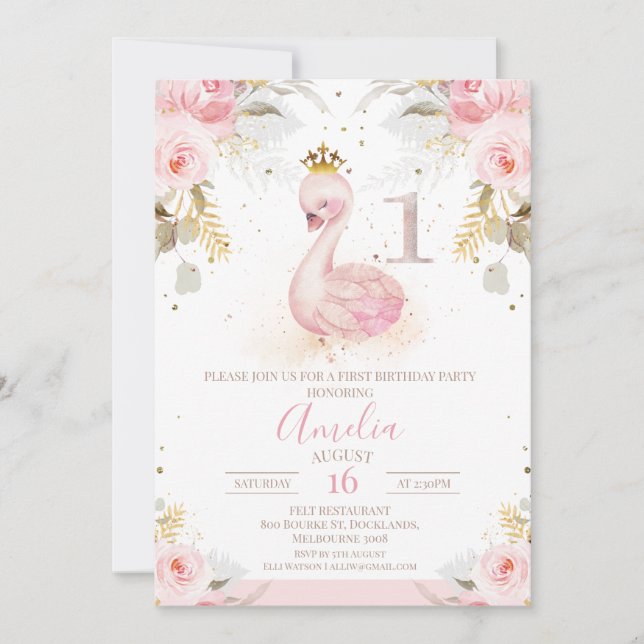 Pink Floral Rose Princess Swan 1st Birthday Invitation (Front)