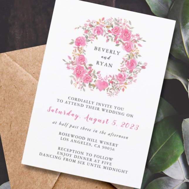 Pink Floral Rose Wreath Wedding Invitation (Creator Uploaded)