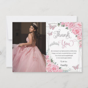 Pink Floral Roses Butterfly Sweet 16 Quinceañera Thank You Card