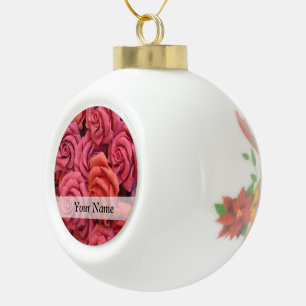 Pink floral roses ceramic ball christmas ornament