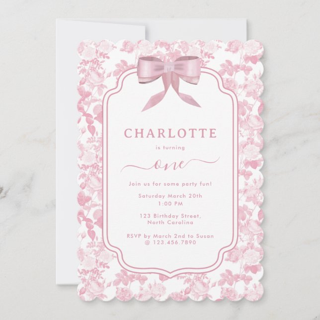 Pink Floral Roses Chinoiserie 1st Girl Birthday Invitation (Front)