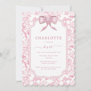 Pink Floral Roses Chinoiserie 1st Girl Birthday Invitation