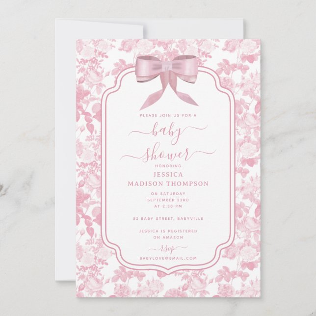 Pink Floral Roses Chinoiserie Girl Baby Shower Invitation (Front)
