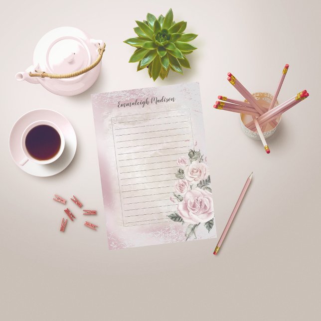 Pink Floral Roses Elegant Lined Personalised Post-it Notes (Creator Uploaded)