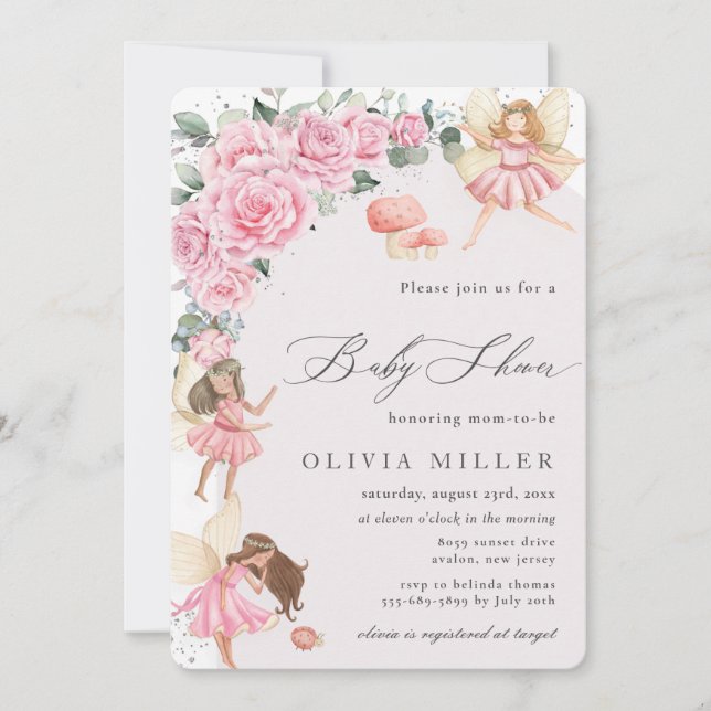Pink Floral Roses Fairies Arch Baby Shower Invitat Invitation (Front)