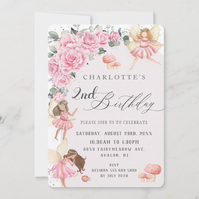 Pink Floral Roses Fairies Arch Birthday Party Invitation (Front)