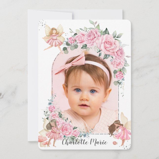Pink Floral Roses Fairies Arch Birthday Photo Invitation (Front)