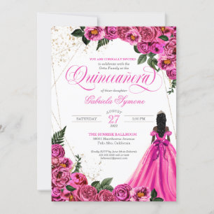 Pink Floral Roses & Gold Elegant Gown Quinceañera Invitation