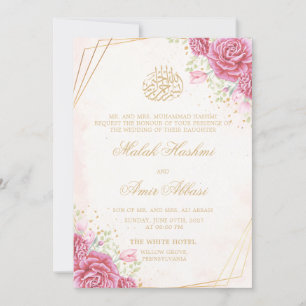 Pink Floral & Roses Gold Islamic Muslim wedding Invitation