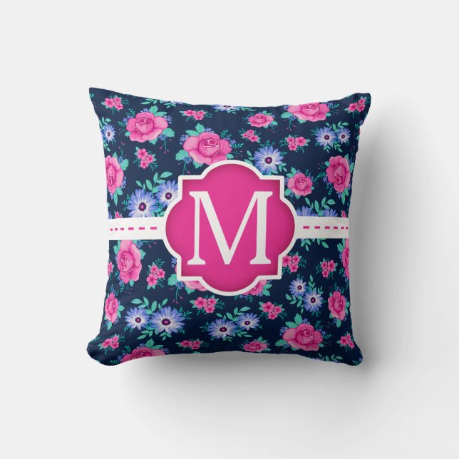 Pink Floral Roses Pattern Custom Monogram Cushion (Front)