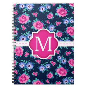 Pink Floral Roses Pattern Custom Monogram Spiral Notebook