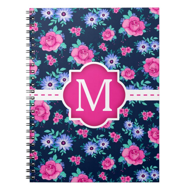 Pink Floral Roses Pattern Custom Monogram Spiral Notebook (Front)
