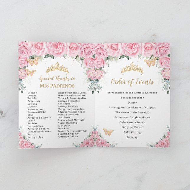 Pink Floral Roses Quinceanera Princess Butterflies Programme (Inside)
