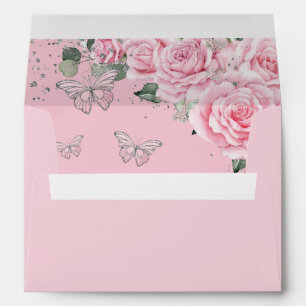 Pink Floral Roses Quinceañera Sweet 16 Butterflies Envelope