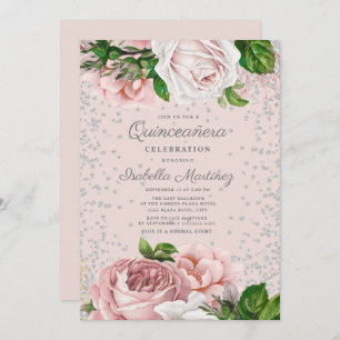 Pink Floral Roses Silver Glitter Quinceañera Invitation