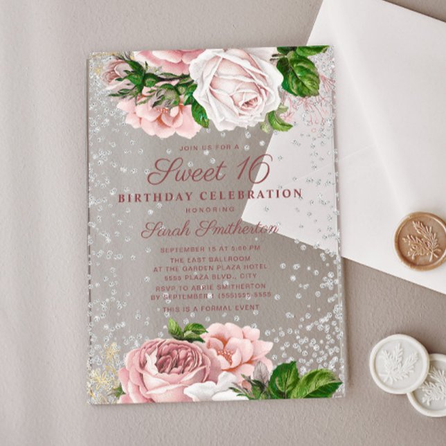Pink Floral Roses Silver Glitter Sweet 16 Acrylic Invitations (Blush pink vintage floral Sweet 16 acrylic invitation)