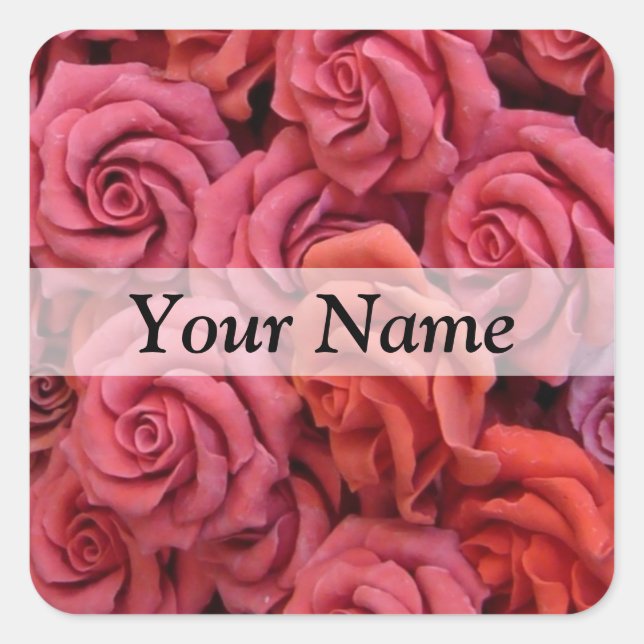 Pink floral roses square sticker (Front)