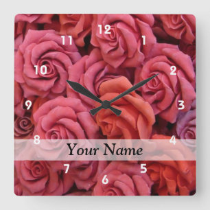 Pink floral roses square wall clock