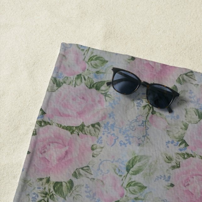 Pink Floral Roses Vintage Beach Towel (In Situ)