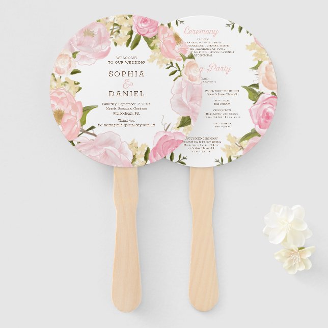 Pink Floral Round Gold Wedding Program Fan (Front and Back)