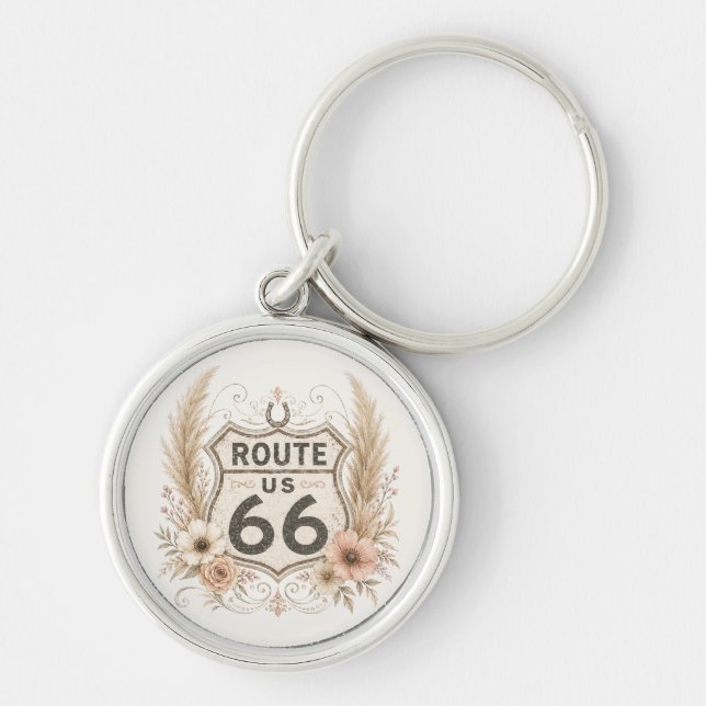 Pink Floral Route 66 Road Trip Essential Key Ring (Front)
