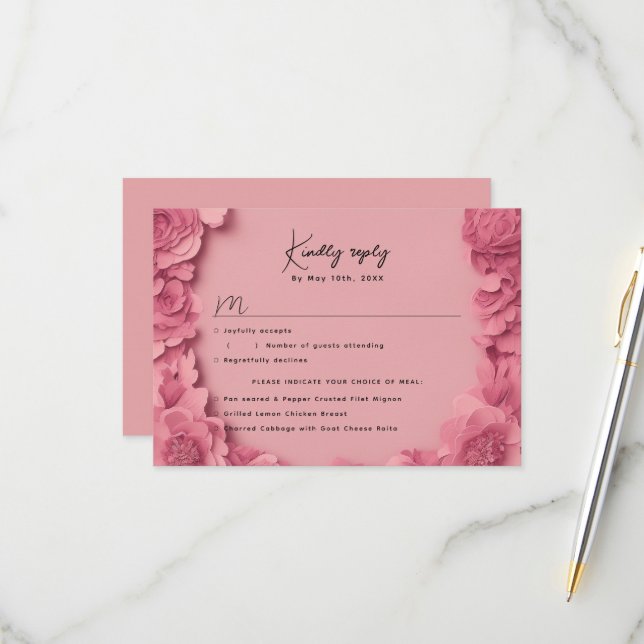 Pink floral RSVP w meal choices Card (Front/Back In Situ)