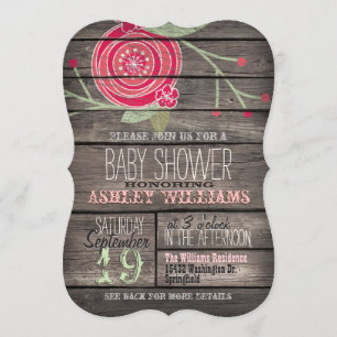 Pink Floral, Rustic Country Wood Baby Shower Invitation